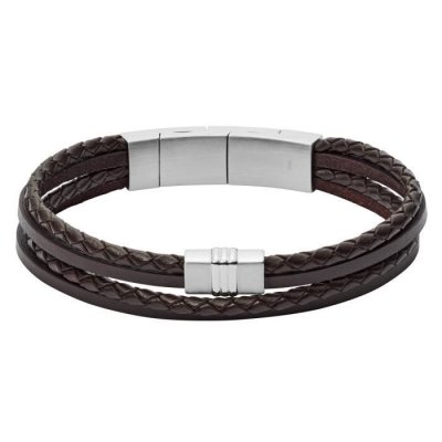 FOSSIL  Men Bracelet Multi-Rangs En Cuir Tress&eacute; Brun Marron - One size
