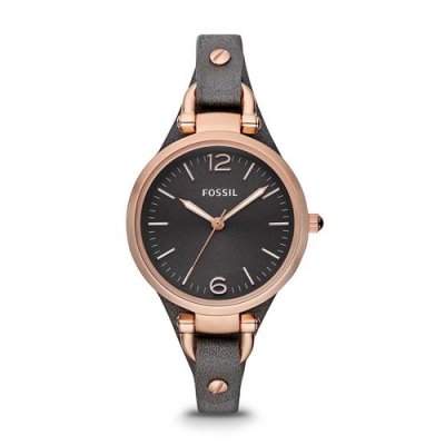 FOSSIL  Montre Georgia &agrave; 3 aiguilles en cuir Gris fum&eacute;e et dor&eacute; rose