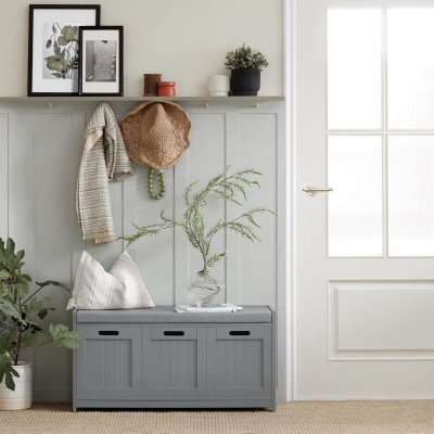 FSR80-SG Banc de Rangement avec 2 Portes 1 Cube et Coussin Rembourr&eacute;