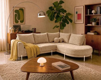 BEST MOBILIER Gabin - Canap&eacute; D'angle Droit 5 Places En Velours Textur&eacute; - Beige