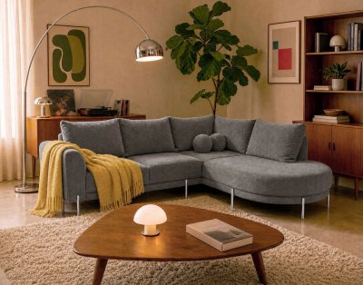 BEST MOBILIER Gabin - Canap&eacute; D'angle Droit 5 Places En Velours Textur&eacute; - Gris Clair