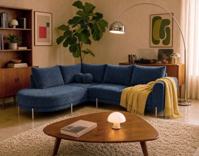 BEST MOBILIER Gabin - Canap&eacute; D'angle Gauche 5 Places En Velours Textur&eacute; - Bleu