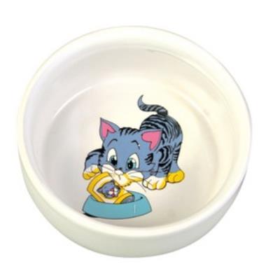 TRIXIE Gamelle, chat avec gamelle, en c&eacute;ramique 0,3 L/&oslash; 11 cm, blanc