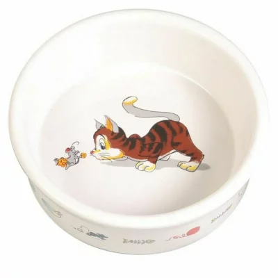 TRIXIE Gamelle, chat avec souris, en c&eacute;ramique 0,2 L/&oslash; 12 cm, blanc