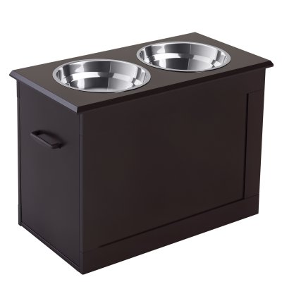 PAWHUT Gamelle double chien chat Porte-gamelles sur&eacute;lev&eacute; 2 gamelles poign&eacute;es coffre MDF chocolat