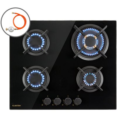 KLARSTEIN Goldflame 4 - Table de cuisson gaz 4 foyers - 4 br&ucirc;leurs en laiton - Vitroc&eacute;ramique noire
