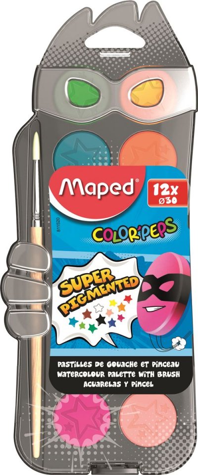 MAPED Gouache ultralavable  Color'Peps - bo&icirc;te de 12 pastilles de 30 mm