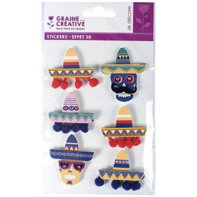 GRAINE CR &eacute;ative 6 Stickers 3D - Chapeaux mexicains Sombreros 5,5 cm