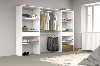 Grand dressing blanc avec 2 penderies, 6 &eacute;tag&egrave;res et 2 tiroirs blanc