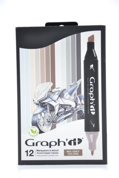 GRAPH IT Graph'it Lot de 12 Marqueurs &agrave; alcool double pointe Mix Greys colors