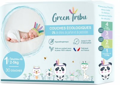 GREEN TRIBU  30 couches hypoallerg&eacute;nique pour b&eacute;b&eacute; taille 1-2 &agrave; 5kg