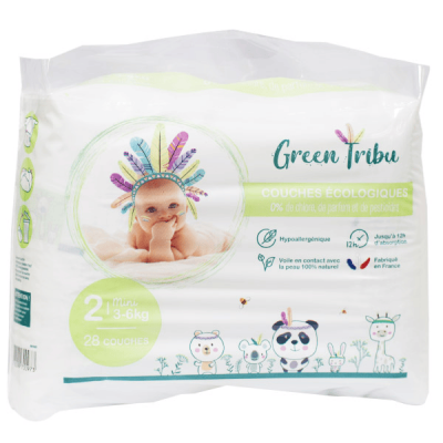 GREEN TRIBU  Couches &Eacute;cologiques Taille 2 3-6 kg 28 Unit&eacute;s