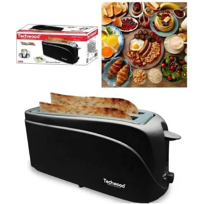 TECHWOOD Grille-Pain pour Baguette Noir 1300W 2 longues et larges fentes Ejection automatique design