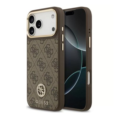 GUESS  Coque arri&egrave;re en cuir avec logo Strass classique et MagSafe Apple iPhone 17 Pro - Marron