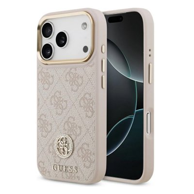 GUESS  Coque arri&egrave;re en cuir avec logo Strass classique et MagSafe Apple iPhone 17 Pro - Rose