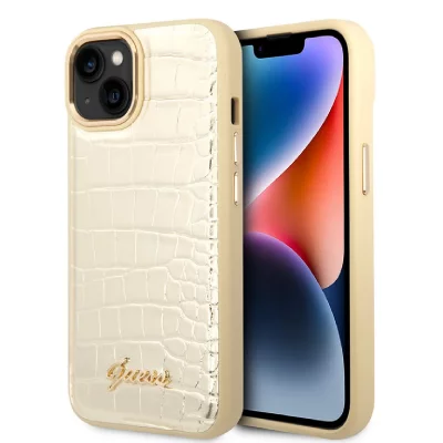 GUESS  Coque arri&egrave;re rigide pour iPhone 14 Plus - Croco - Or