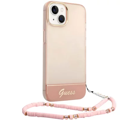GUESS  &Eacute;tui pour iPhone 14 6.1 rose Translucide Pearl Strap - Neuf