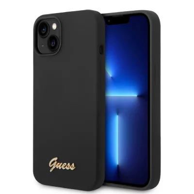 GUESS  &Eacute;tui pour iPhone 14 Plus 6.7 noir Silicone Vintage Gold Logo - Neuf