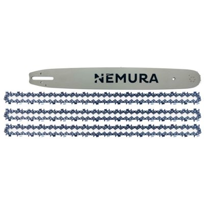 NEMURA Guide de tron&ccedil;onneuse 50cm + 3 cha&icirc;nes - 72 entraineurs - Pas 3/8 - Jauge 0.63 (1.6mm) - Liderfarm