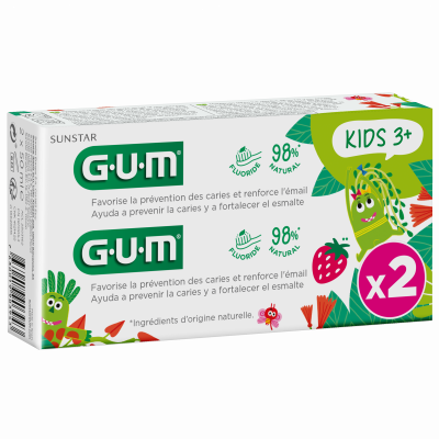 GUM  Kids dentifrice fluor&eacute; go&ucirc;t fraise 3ans+ lot de 2 tubes 50ml