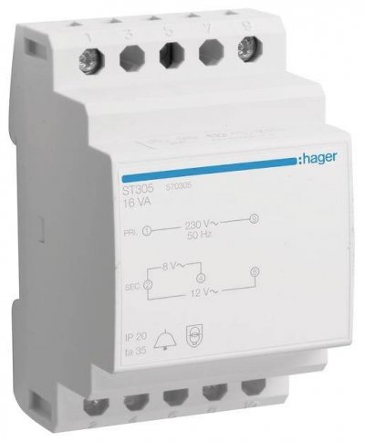 HAGER  st305&nbsp;&ndash;&nbsp;Transformateur 16&nbsp;VA 230/8&nbsp;&ndash;&nbsp;12&nbsp;V