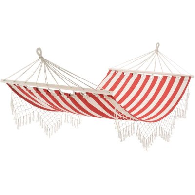 OUTSUNNY Hamac de voyage style hippie chic coton polyester rouge cr&egrave;me ray&eacute;
