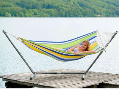 AMAZONAS Hamac simple &agrave; barre en tissu imperm&eacute;able vert et jaune