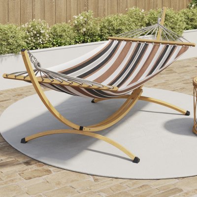 ID MARKET Hamac XL avec support m&eacute;tal effet bois et toile ray&eacute;e noire, blanche et chocolat