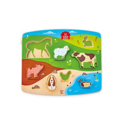 HAPE  E1454 Farm Animal Wooden Puzzle and Play Board5'' x 2'',2 in 1