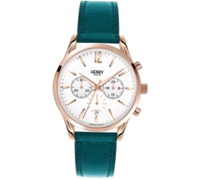 HENRY LONDON  Femme 39mm Bracelet Cuir Vert Quartz Montre HL39-CS-0144