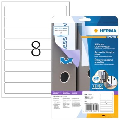 HERMA  10150 &Eacute;tiquettes classeur movables/amovibles 192 x 34 A4 200 pi&egrave;ces Blanc