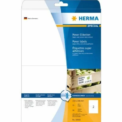 HERMA  10910 &Eacute;tiquettes super adh&eacute;sives 210 x 148 A4 50 pi&egrave;ces Blanc