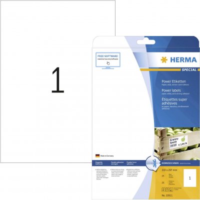 HERMA  10911 &Eacute;tiquettes super adh&eacute;sives 210 x 297 A4 25 pi&egrave;ces Blanc
