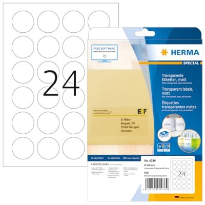 HERMA  4236 &Eacute;tiquettes de fermeture diam&egrave;tre 40 A4 LC Transparent