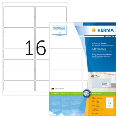 HERMA  4267 &Eacute;tiquettes d'adresse 99,1 x 33,8 Premium A4 1600 pi&egrave;ces Blanc