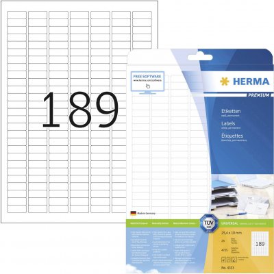 HERMA  4333 &Eacute;tiquettes 25,4 x 10 Premium A4 4725 pi&egrave;ces Blanc
