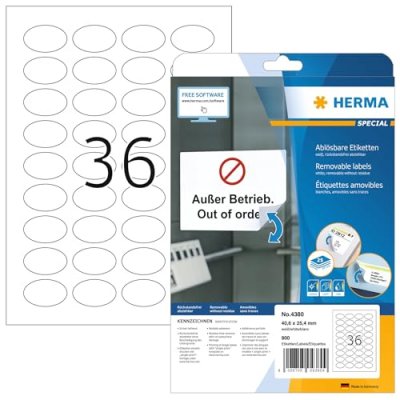 HERMA  4380 &Eacute;tiquettes movables/amovibles 40,6 x 25,4 ovale A4 Blanc