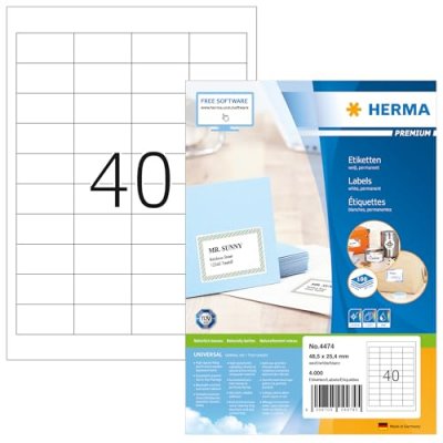 HERMA  4474 &Eacute;tiquettes 48,5 x 25,4 Premium A4 4000 pi&egrave;ces Blanc