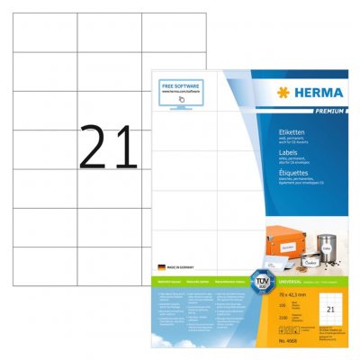 HERMA  4668 &Eacute;tiquettes 70 x 42,3 Premium A4 2100 pi&egrave;ces Blanc