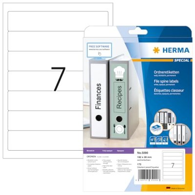 HERMA  5090 &Eacute;tiquettes classeur 192 x 38 A4 175 pi&egrave;ces Blanc