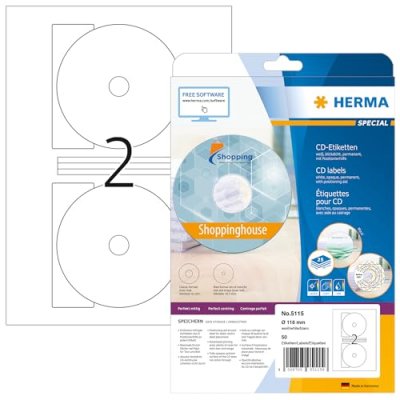HERMA  5115 - Paquet de 50 &eacute;tiquettes, diam&egrave;tre 116 mm, couleur blanc