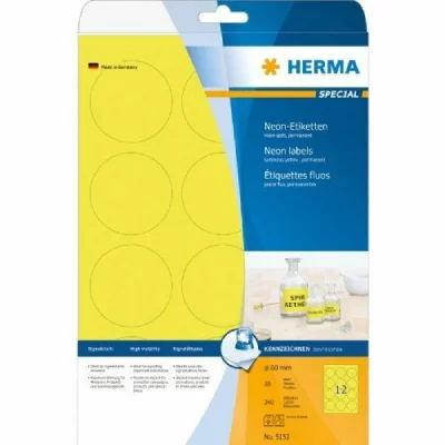 HERMA  5152 &Eacute;tiquettes diam&egrave;tre 60 A4 LaserCopy 240 pi&egrave;ces Jaune fluo