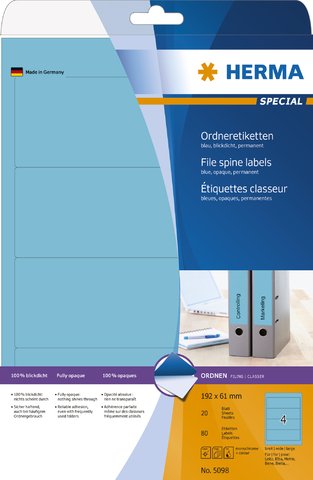HERMA  etiq. Classeur 192x61 20f. Din a4 80 pi&egrave;ces bleu 5098 DFX-163620