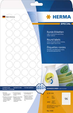 HERMA  etiq. Rondes amov. 20mm 25f. Din a4 2400 pi&egrave;ces 4386 DFX-164425