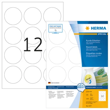 HERMA  etiq. Rondes amov. 60mm 100f. Din a4 1200 pi&egrave;ces 4477 DFX-164110