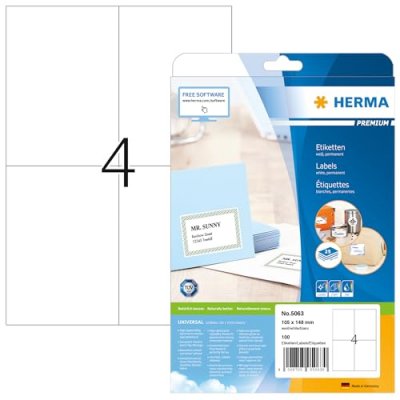 HERMA  etiquettes, blanc 105x148 25f. Din a4 100 pi&egrave;ces 5063 DFX-163711