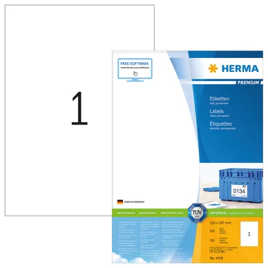 HERMA  Premium Labels 210x297 100 Sheets A4 100 Pieces Blanc