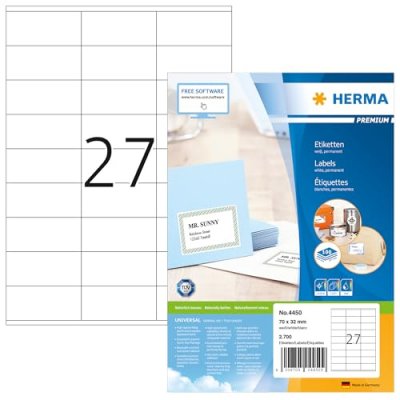 HERMA  Premium Labels 70x32 Mm 100 Sheets Din A4 2700 Units Blanc