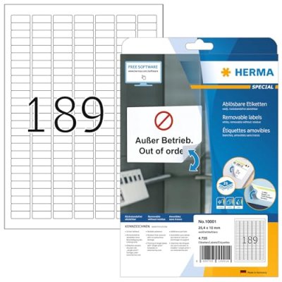 HERMA  Removable Labels 25.4x10 Mm 25 Sheets Din A4 4725 Units Blanc
