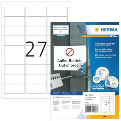 HERMA  Removable Labels 63.5x29.6 Mm 100 Sheet Din A4 2700 Units Blanc